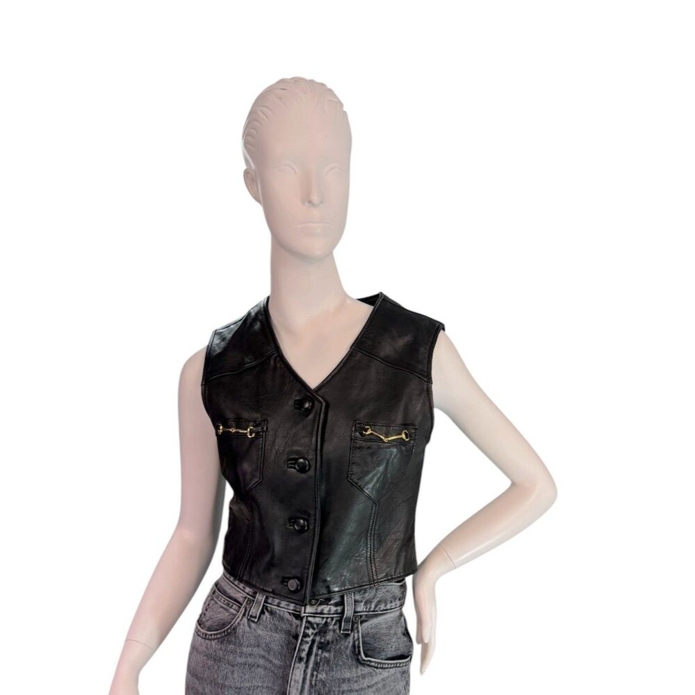 Rem Garson Vintage Black Leather Button Vest Cropped w/ Horsebit Hardware Size M